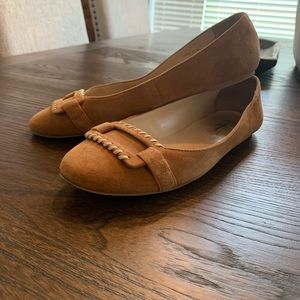 L.K. Bennett suede buckle camel flats. Size 38.